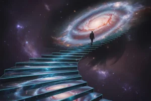 Imágen espacial con estrellas y galaxias, donde se ve una escalera ascendente desde donde estamos y hacia la galaxia, por la que está ascendiendo una persona.