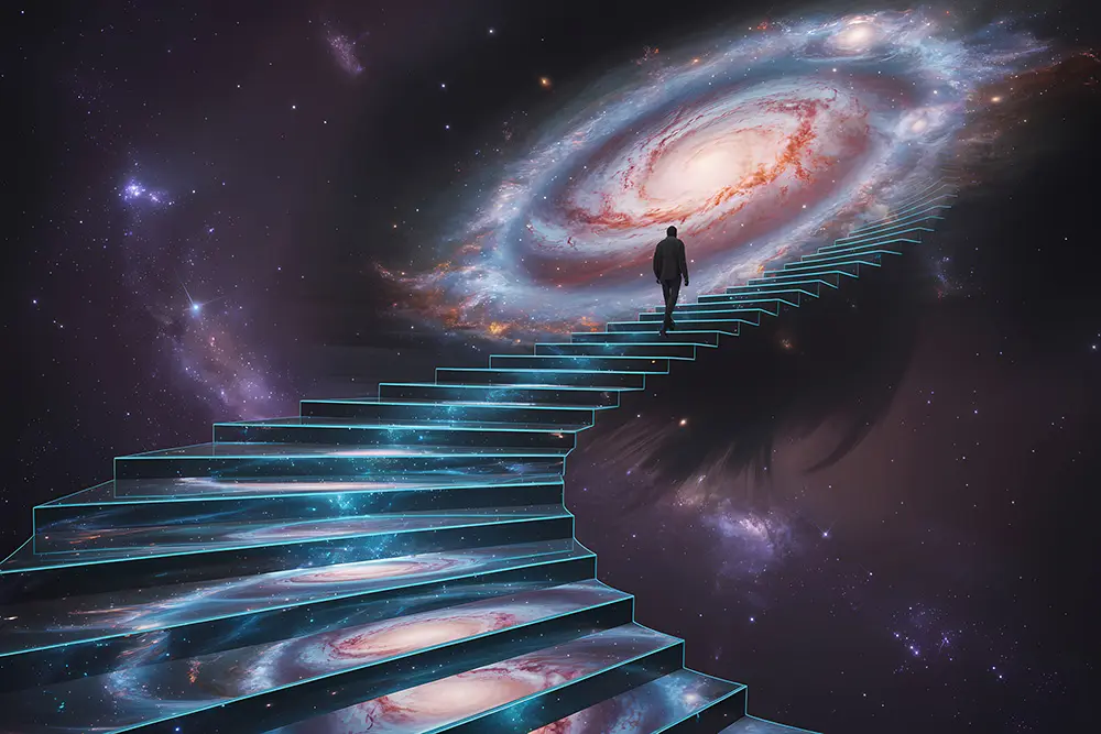 Imágen espacial con estrellas y galaxias, donde se ve una escalera ascendente desde donde estamos y hacia la galaxia, por la que está ascendiendo una persona.